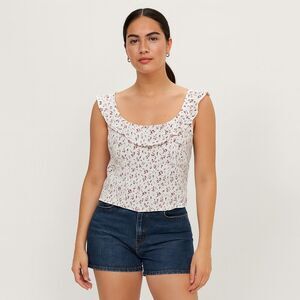 Free People White Floral Print Blouse Cream and Red Round Nech Sleeves size L